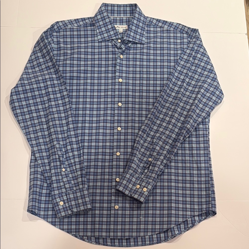 Peter Millar Crown Blue and White Checkered Dress Shirt in Size Large